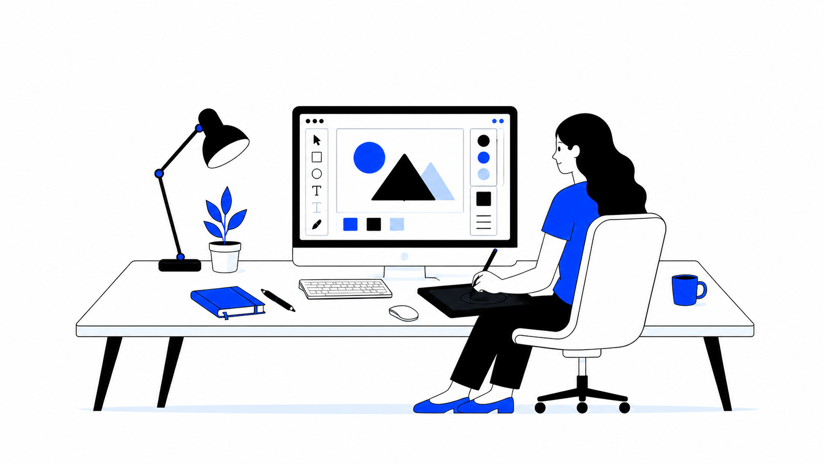 Image showing a modern graphic design subscription workspace with a designer creating digital assets while multiple design deliverables flow through a continuous creative workflow.