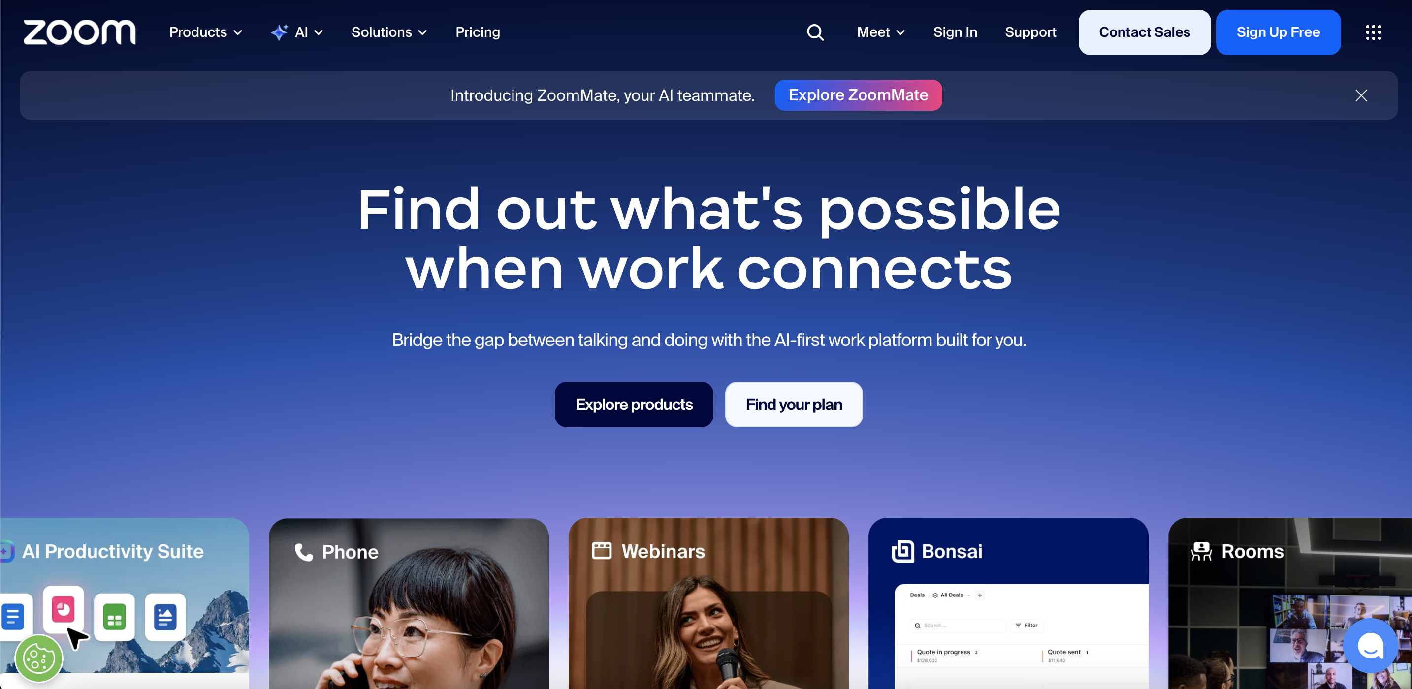 Zoom homepage hero banner with headline 'Find out what's possible when work connects'