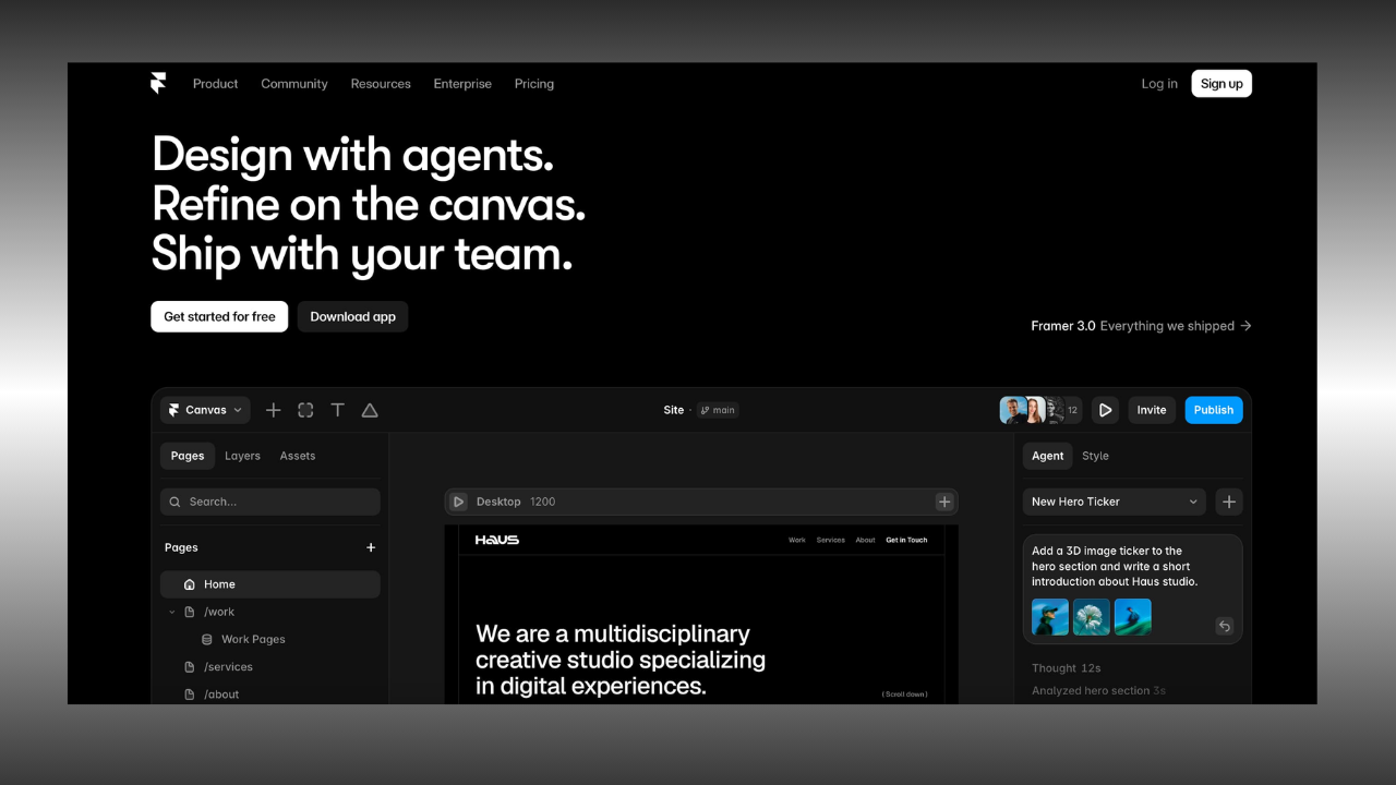 Framer homepage hero banner with headline 'Design with agents. Refine on the canvas. Ship with your team'.