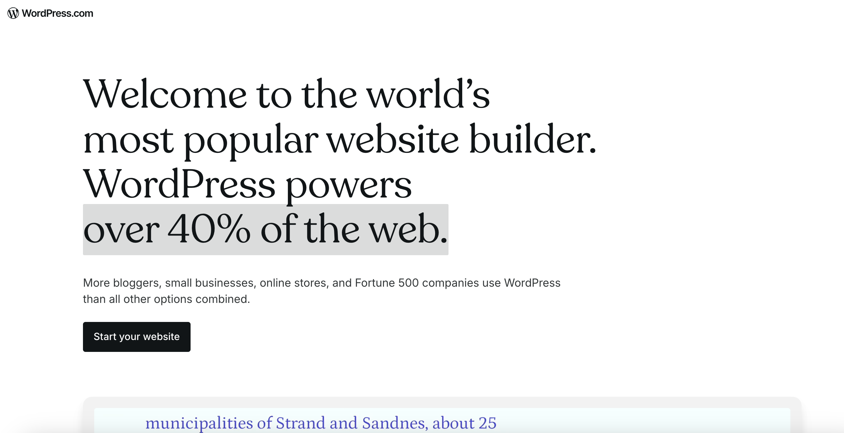 WordPress homepage hero banner with headline 'Welcome to the world's most popular website builder. WordPress powers over 40% of the web.'