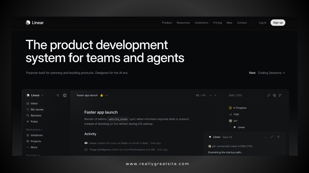 Linear Hero section with headline "The product development system for teams and agents".