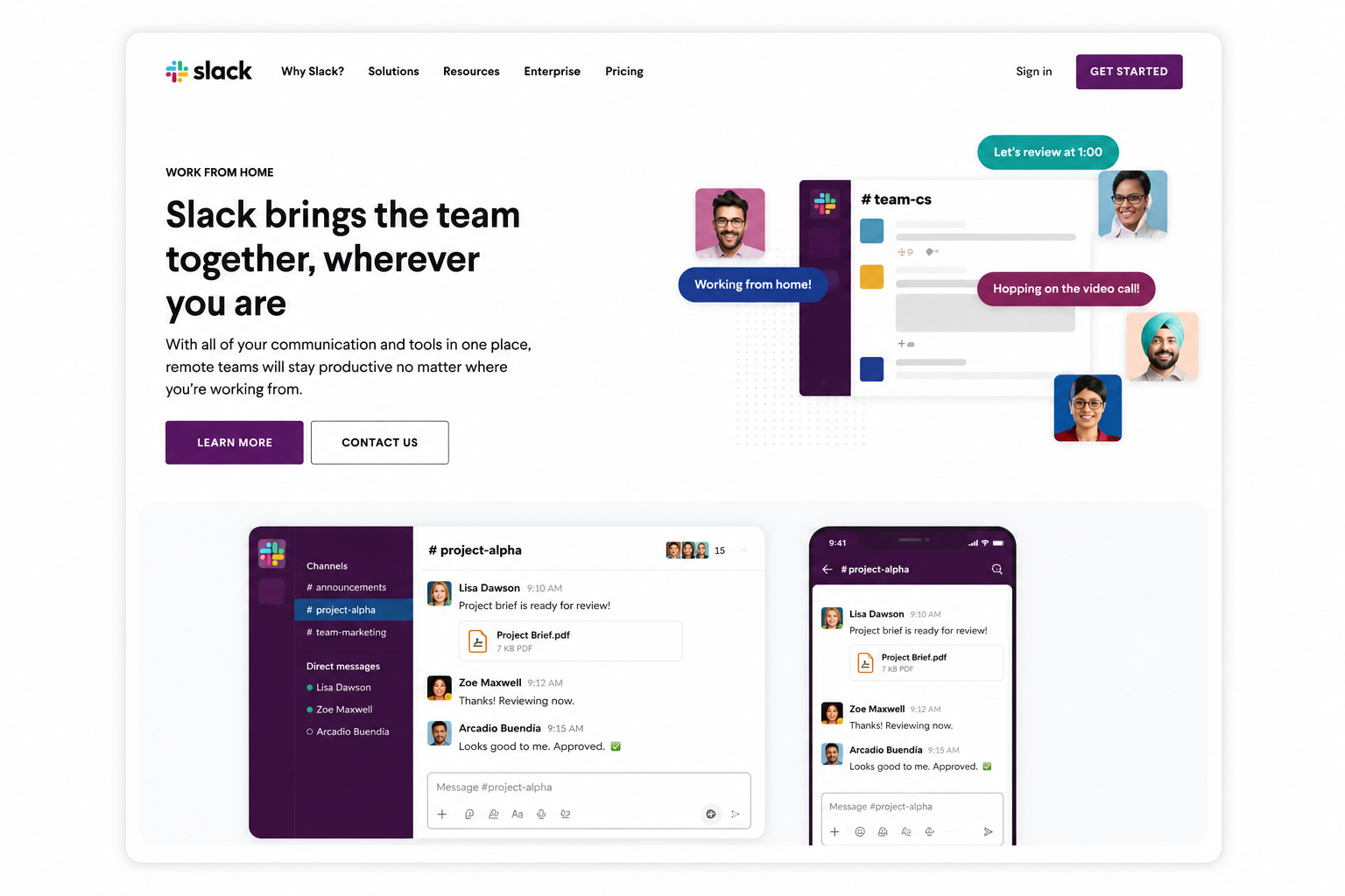 Slack homepage hero banner with headline 'Slack brings the team together, wherever you are'