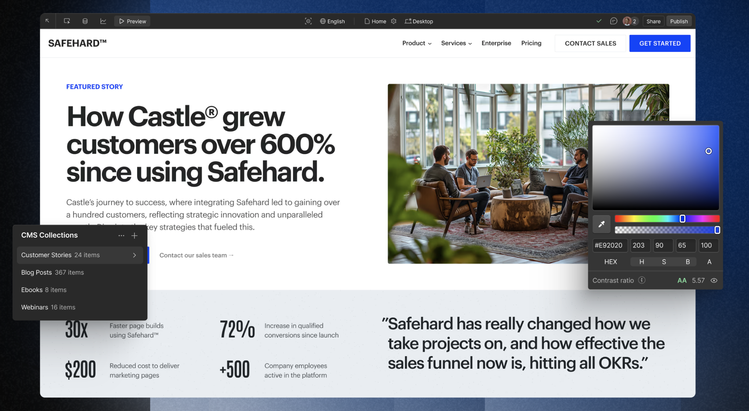 Webflow editor view of a Safehard homepage featuring a case study headline, CMS collections panel, and design color picker interface.