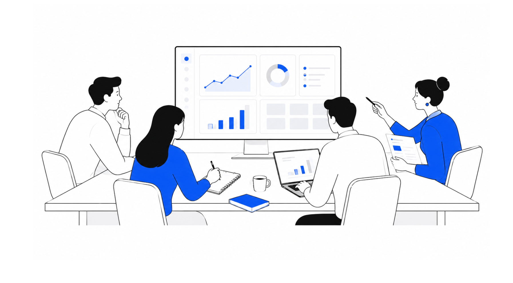 Illustration of a team in a meeting analyzing marketing and growth data on a large screen, with charts, graphs, and dashboards guiding discussion and strategy.