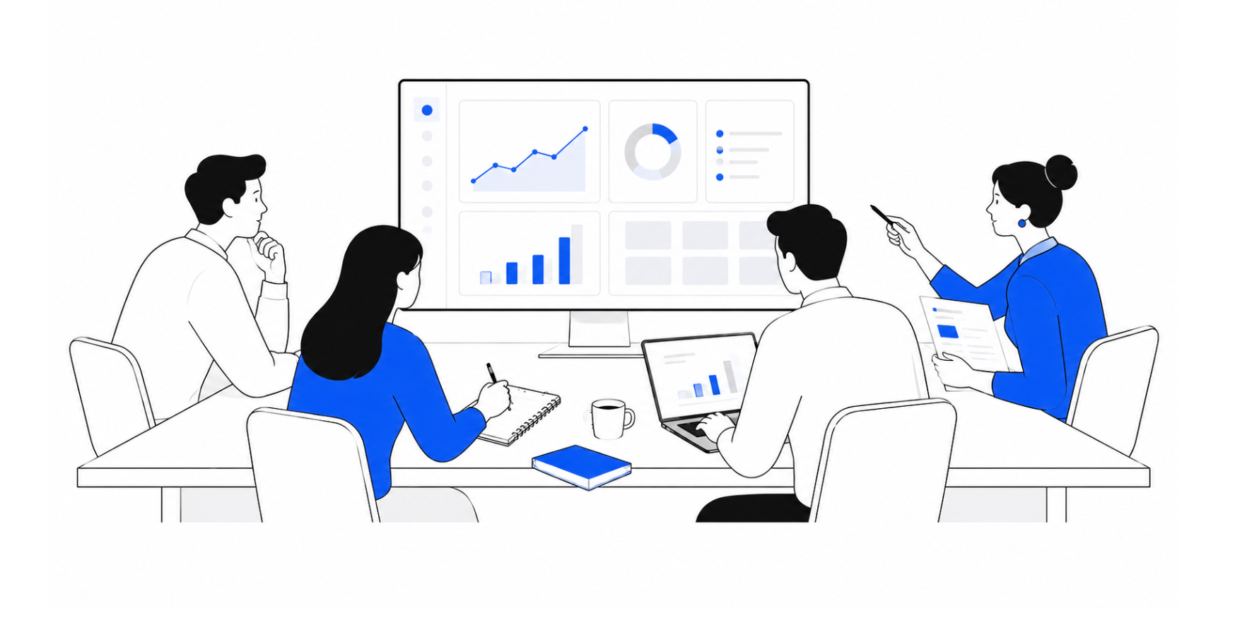 Illustration of a team in a meeting analyzing marketing and growth data on a large screen, with charts, graphs, and dashboards guiding discussion and strategy.