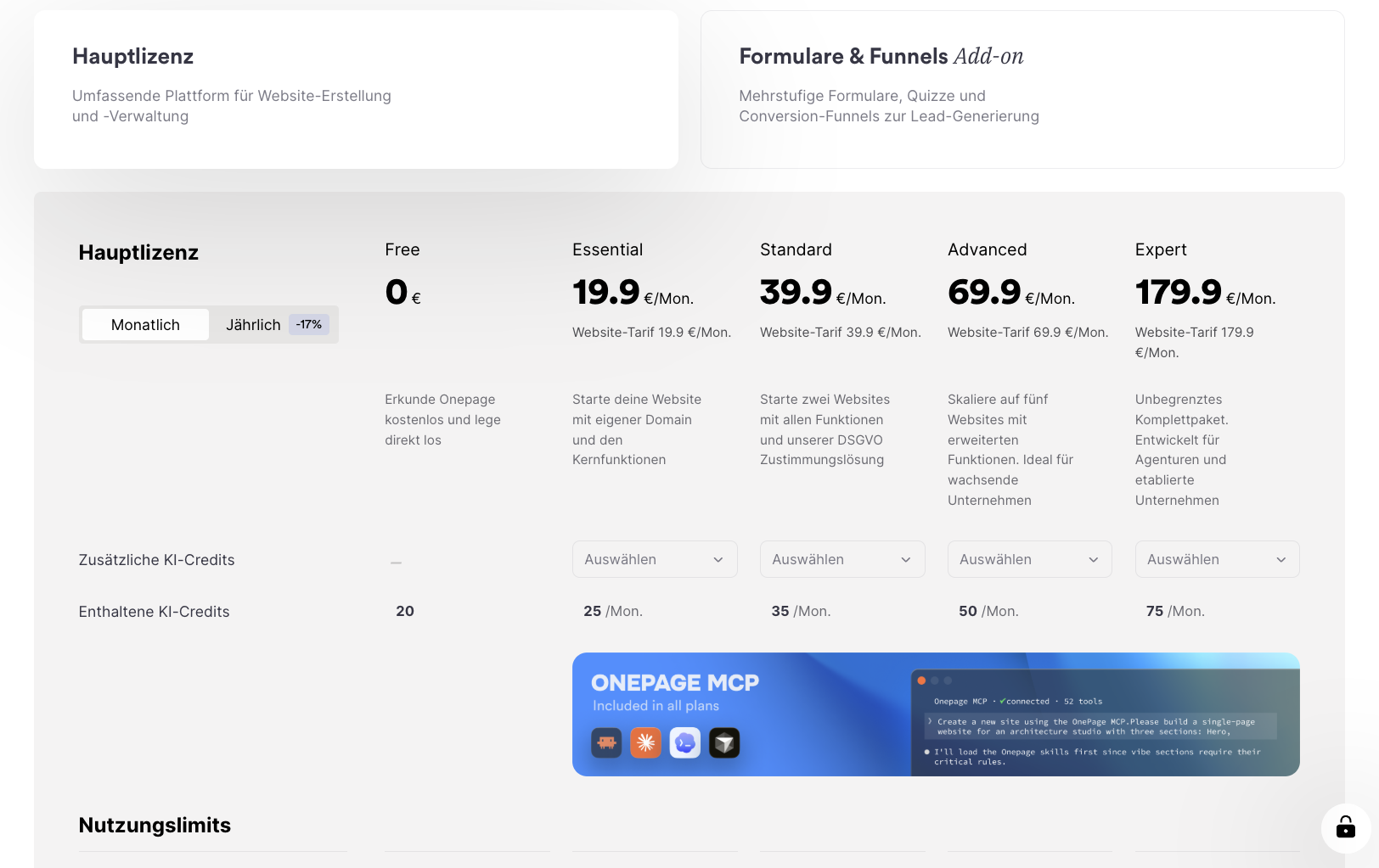 Preisübersicht von Onepage mit Hauptlizenz und Formulare-und-Funnels-Add-on