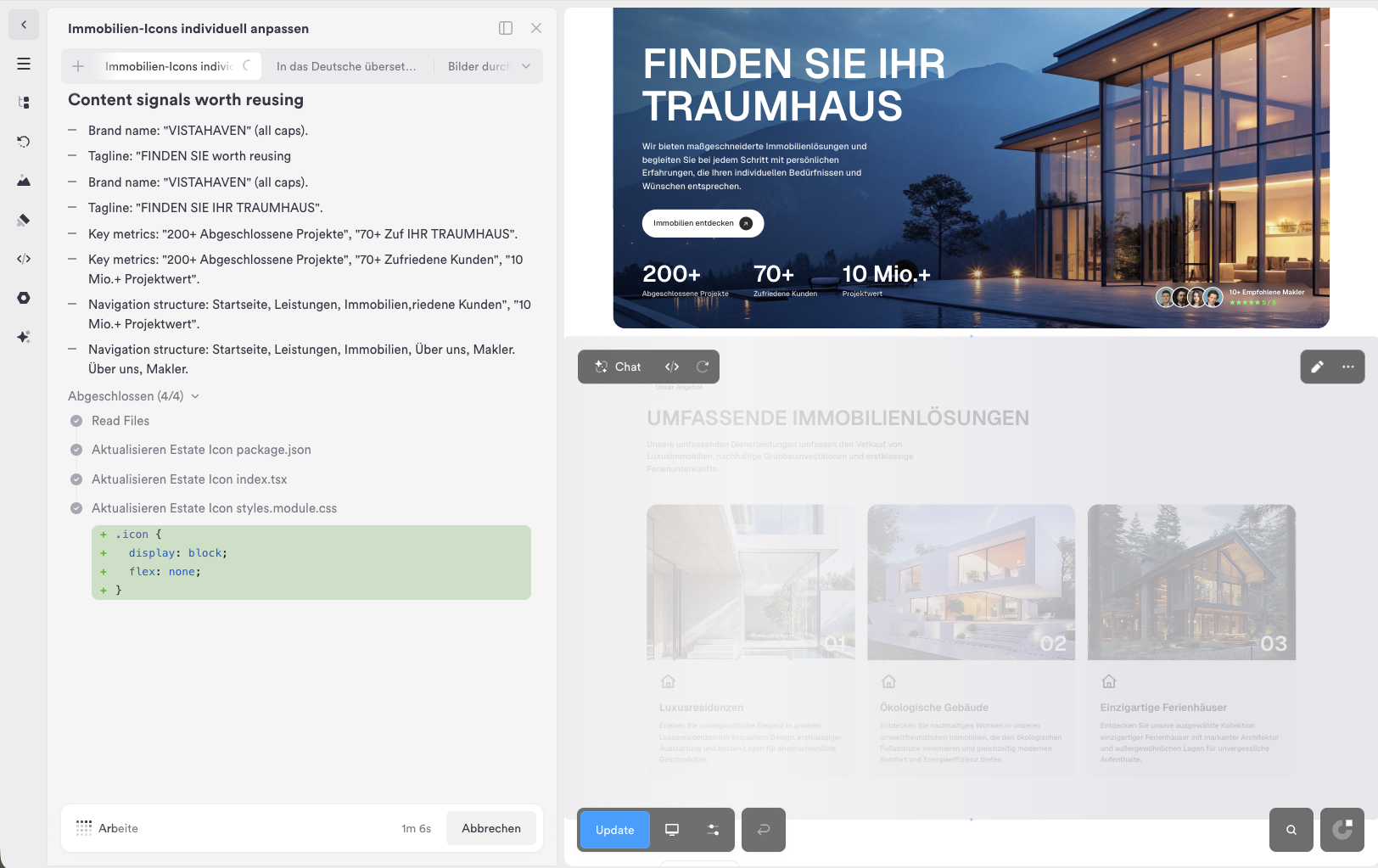 Onepage Agent bearbeitet im Editor einen Abschnitt der Seite