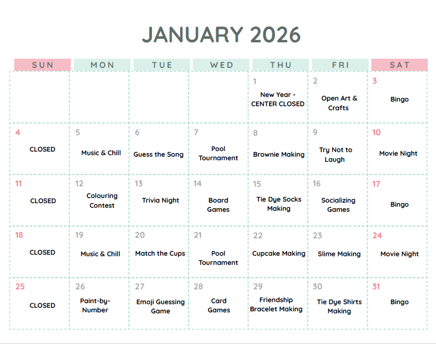 Drop In January Calendar 2026