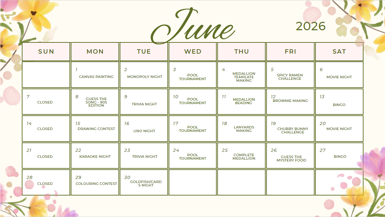 EGADZ Drop In – June 2026 Calendar