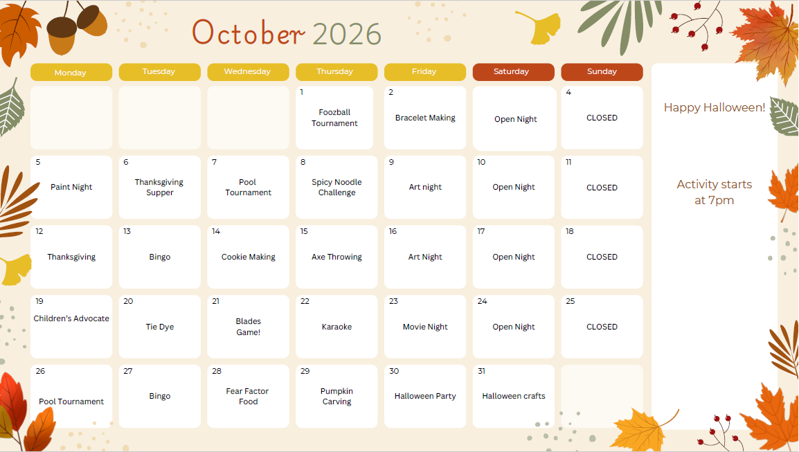 EGADZ Drop In – October 2026 Calendar