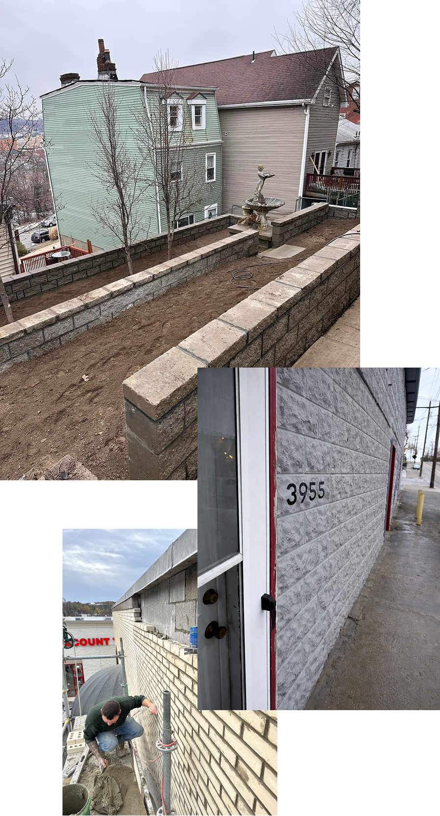 Collage of three images showing a tiered retaining wall with bare soil and a statue, a building with number 3955 on its textured gray wall, and a person working on a brick wall under construction.