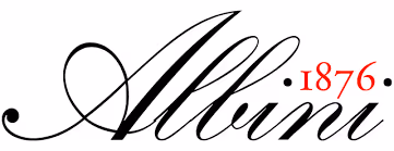 Stylized cursive text reading 'Albini' with the year '1876' in red above the last letters.