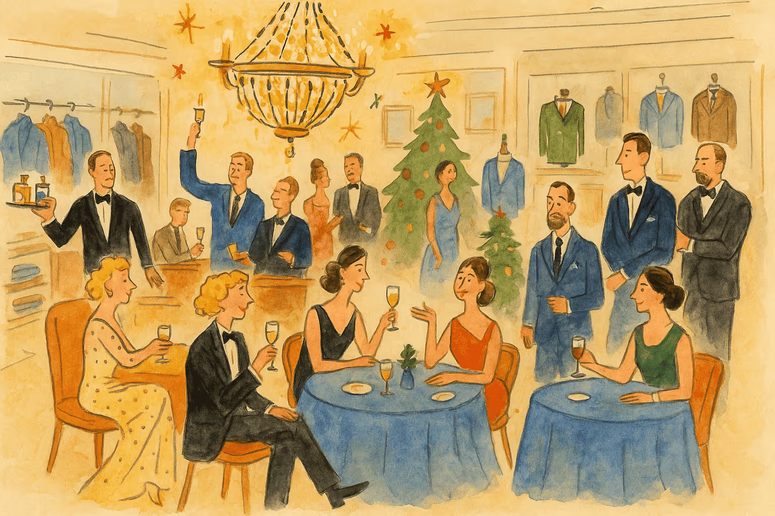 Illustration of a holiday party with people in formal wear socializing, drinking, and Christmas trees decorated with stars in the background.