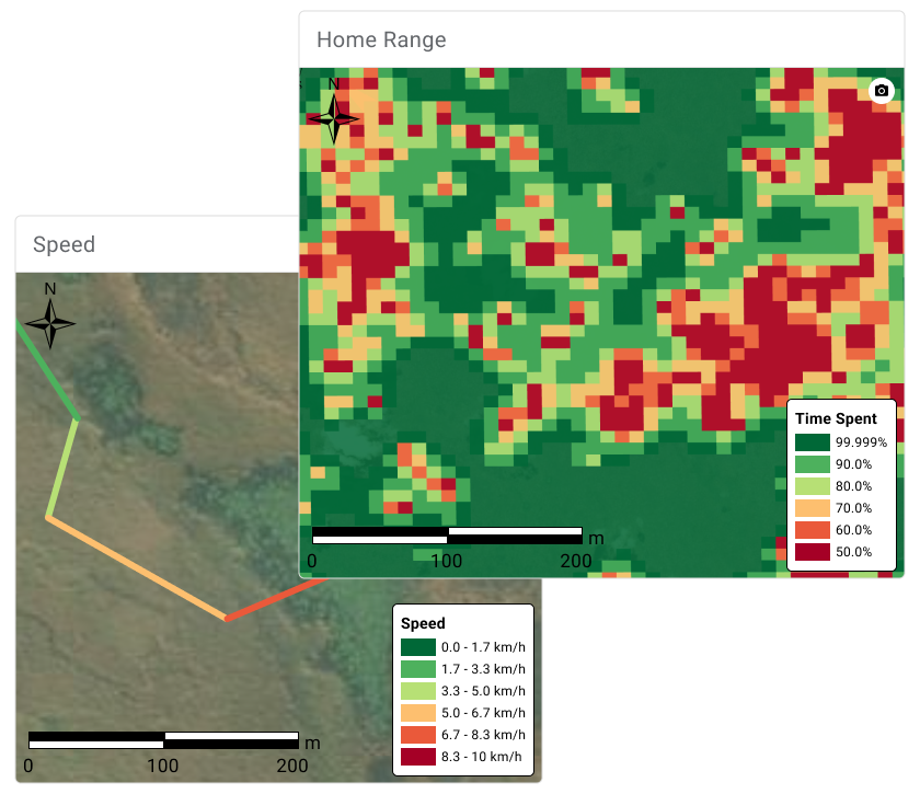 Home range heat map showing time spent in legend. Speed map showing a track color coded by speed.