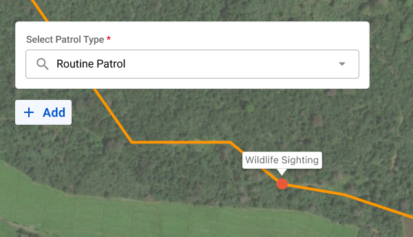 Map interface showing a patrol route marked with an orange line. A point on the route is labeled 'Wildlife Sighting.' At the top, a dropdown menu labeled 'Select Patrol Type' is open with 'Routine Patrol' selected. A blue '+ Add' button is also visible on the left."