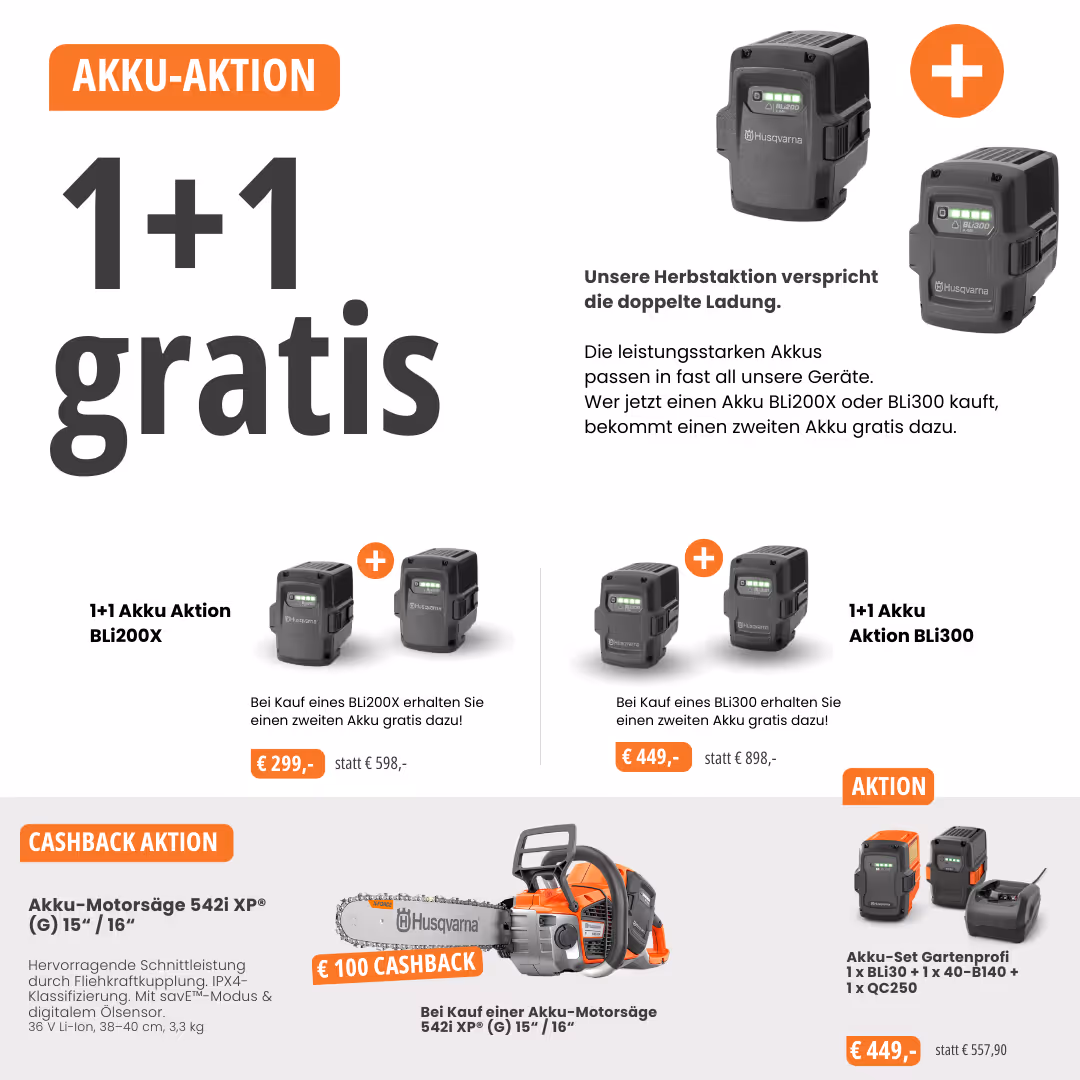 Husqvarna® Akku Aktion 1+1 gratis