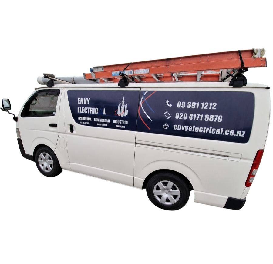 ENVY Electrical service van with branded contact details and roof-mounted ladders.