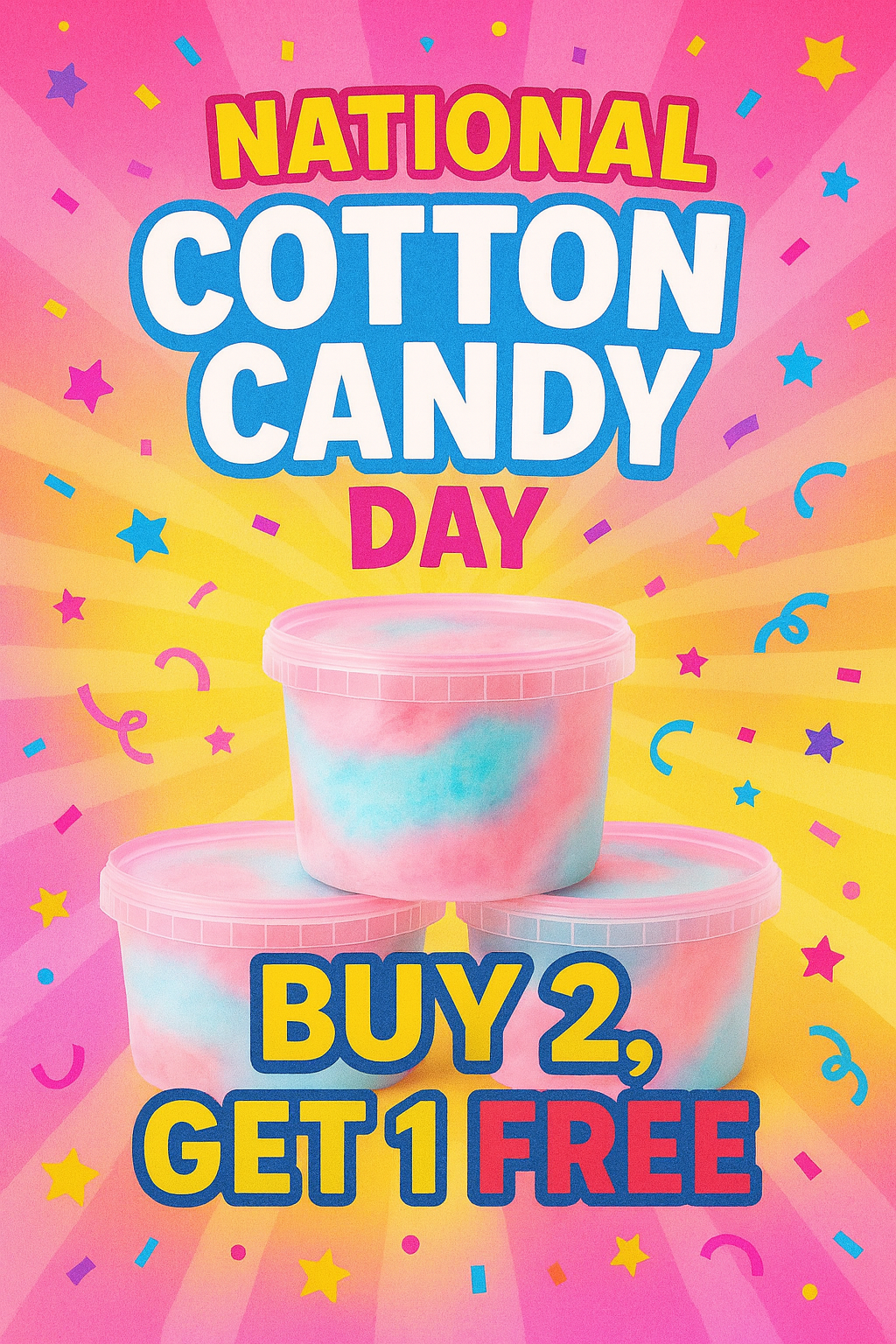 🎉 National Cotton Candy Day Sale! 🍭✨ Celebrate the sweetest day of the year with us!
For a limited time only, enjoy our Buy 2, Get 1 FREE special on our signature 16-ounce tubs of fluffy gourmet cotton candy.