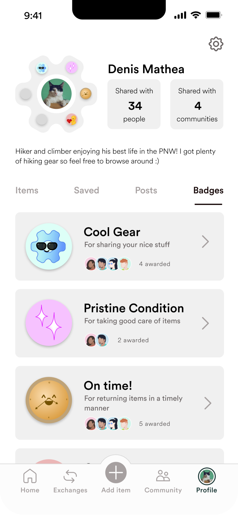 Screenshot of mid-fidelity profile page with improved information architecture and an added menu that includes the user's posted items, saved items, posts, and badges.