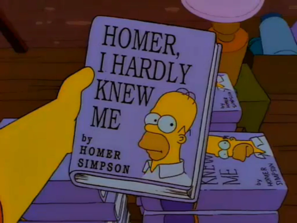 A frame from The Simpsons, showing a book called 'Homer, I Hardly Knew Me' by Homer Simpson. 