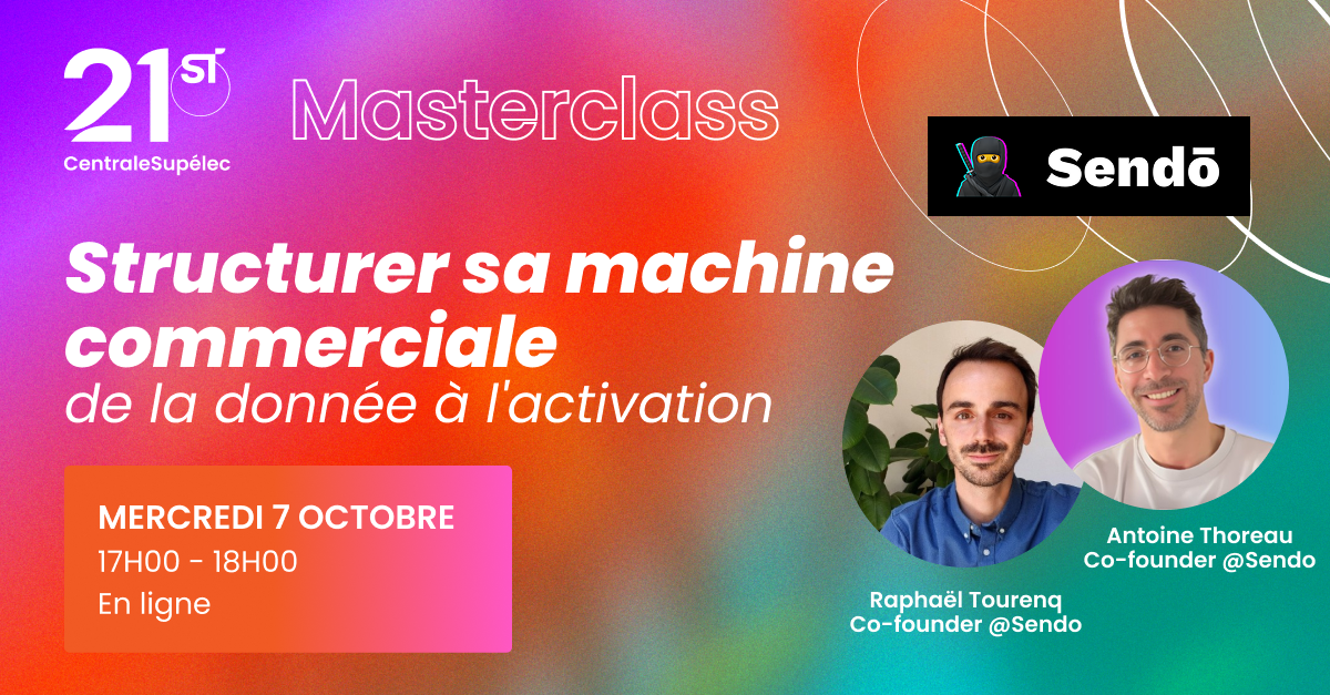 Event poster featuring the masterclass title and a photo of the two founders of the Sendo agency