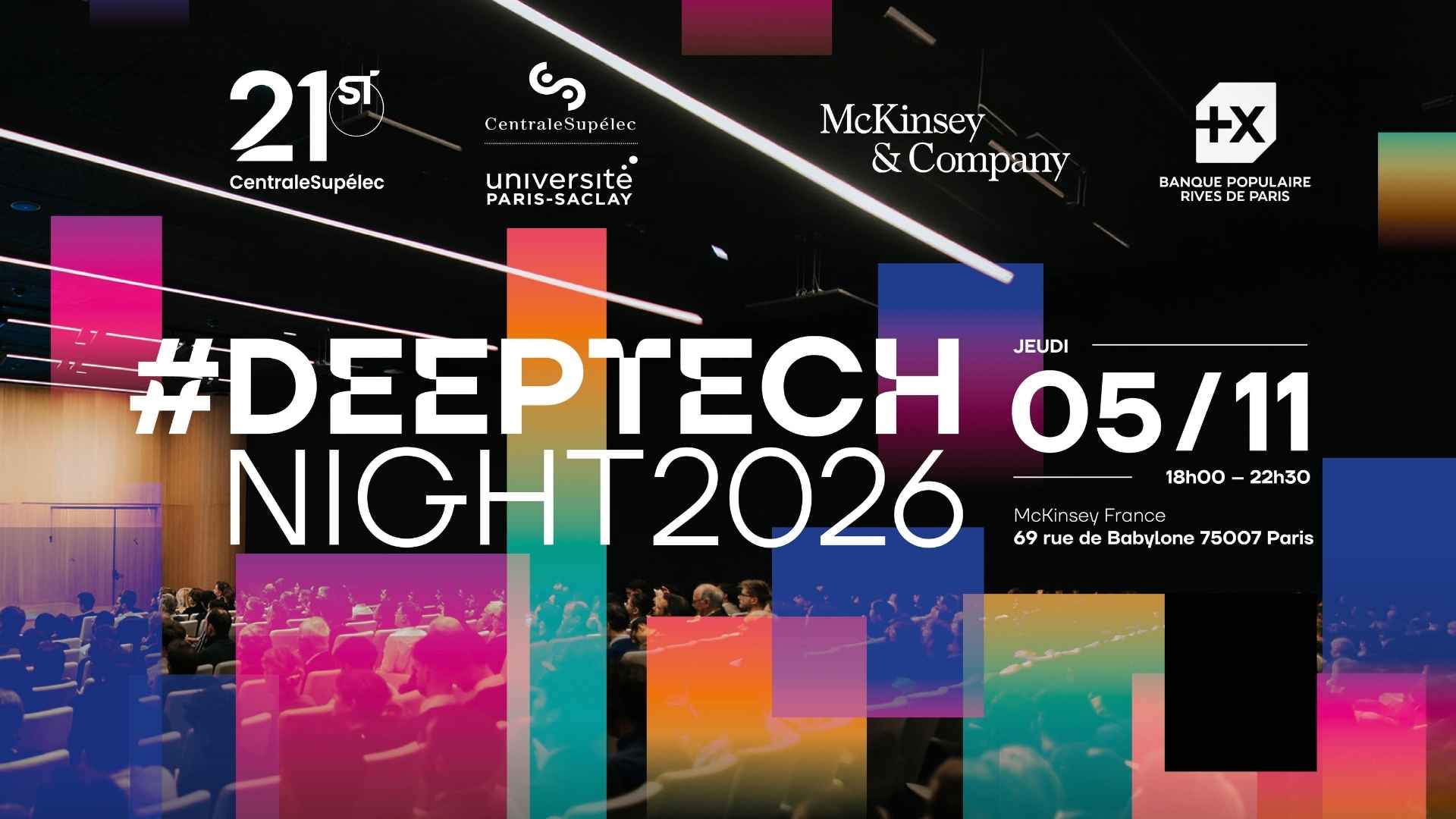 Soirée DeepTech Night 2026 organisée par 21st by CentraleSupélec, où des startups deeptech présentent leurs projets devant des investisseurs et industriels