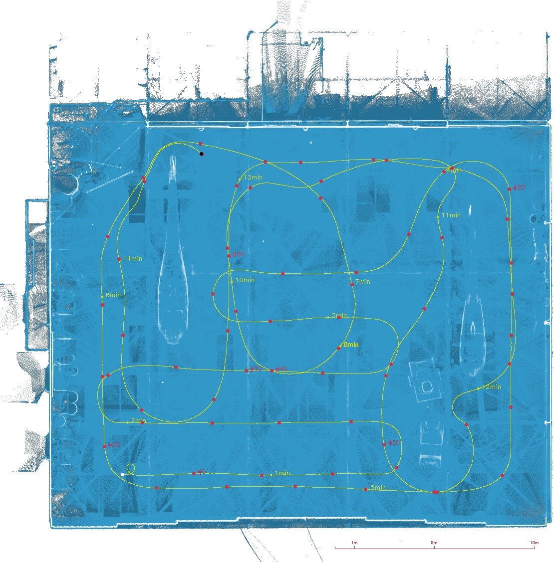 Parcours du scanner laser 3D mobile dans le hangar