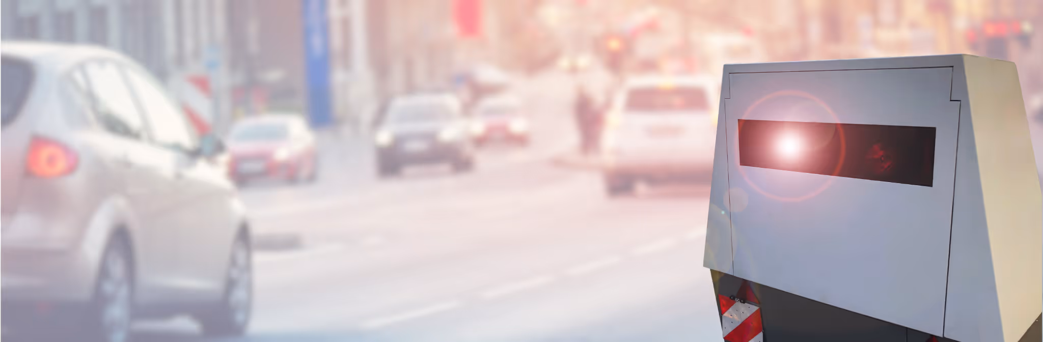 Städtischer Straßenverkehr mit Blitzer im Vordergrund.