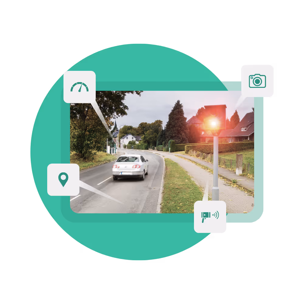 Ein Foto eines geblitzten Autos, das mit diversen Icons aus dem Themenbereich Bußgeldverfahren gekennzeichnet ist.