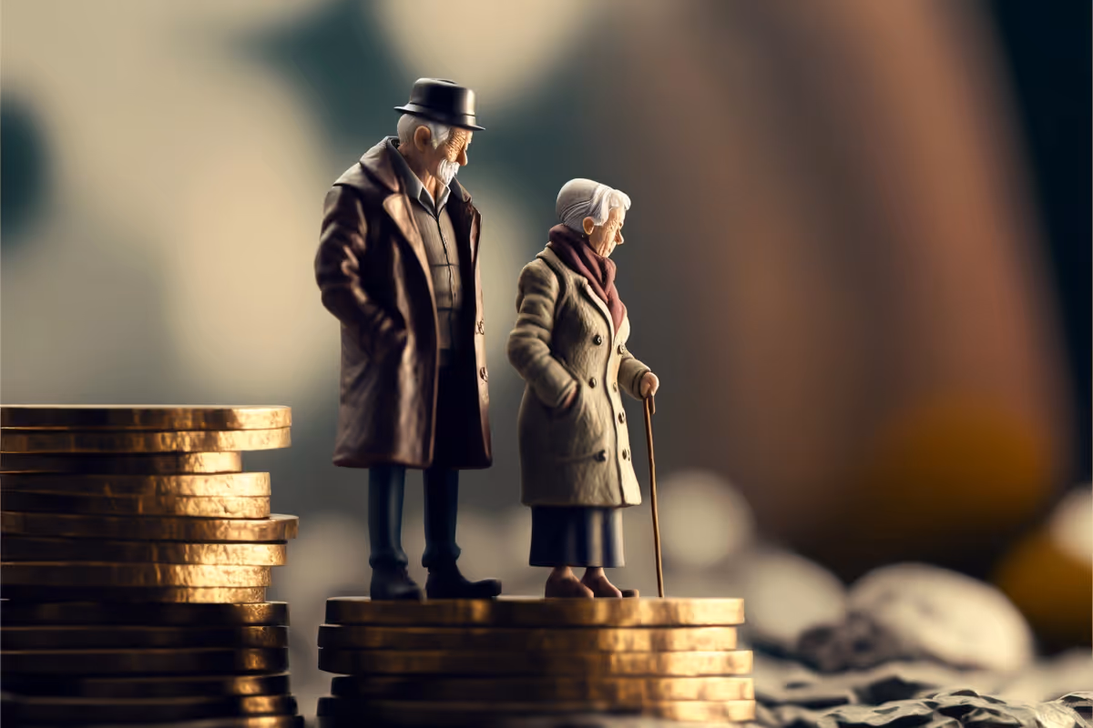Eine Illustration mit einem Rentnerpaar auf einem Stapel Münzen