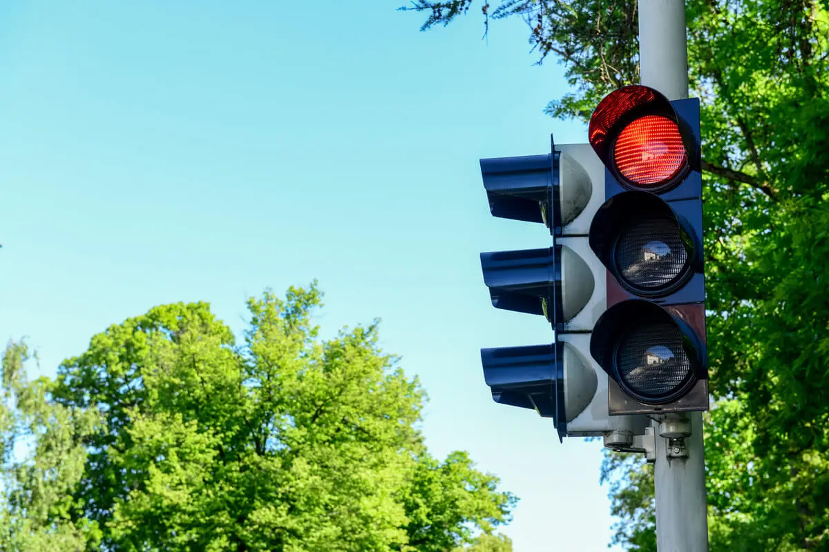 Eine rote Ampel mit Bäumen im Hintergrund.