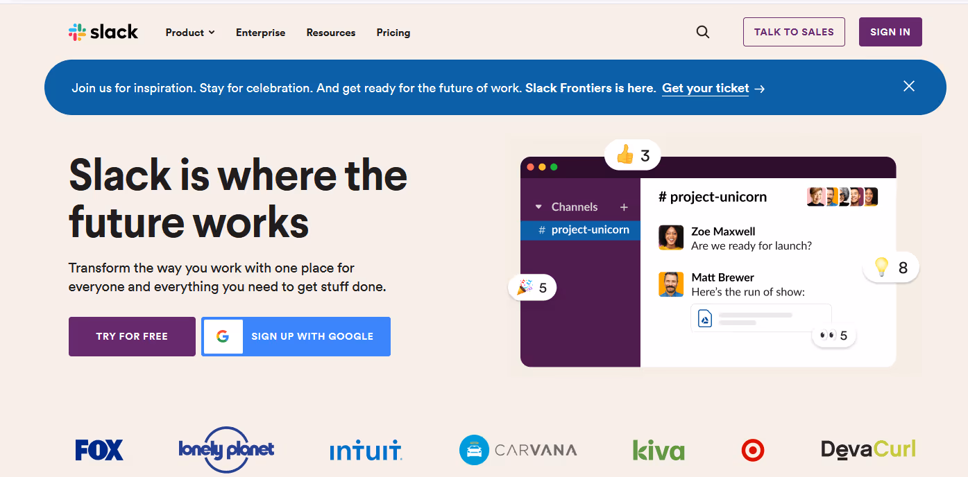 Slack homepage