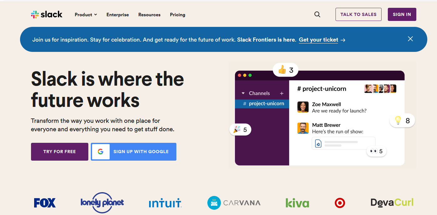 Slack homepage