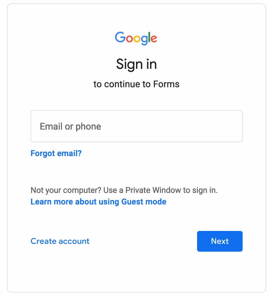 Google Forms sign in screen.