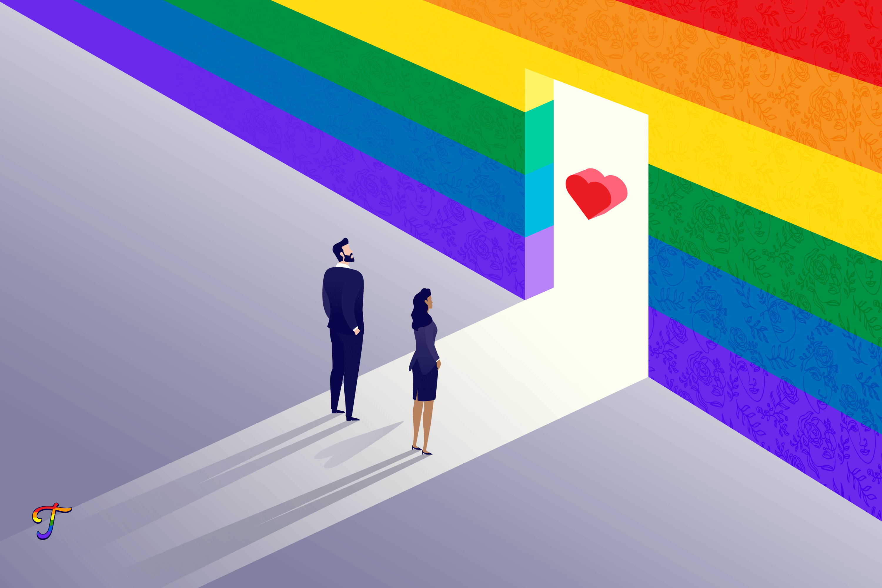 Graphic of a man and woman standing in front of a rainbow doorway.