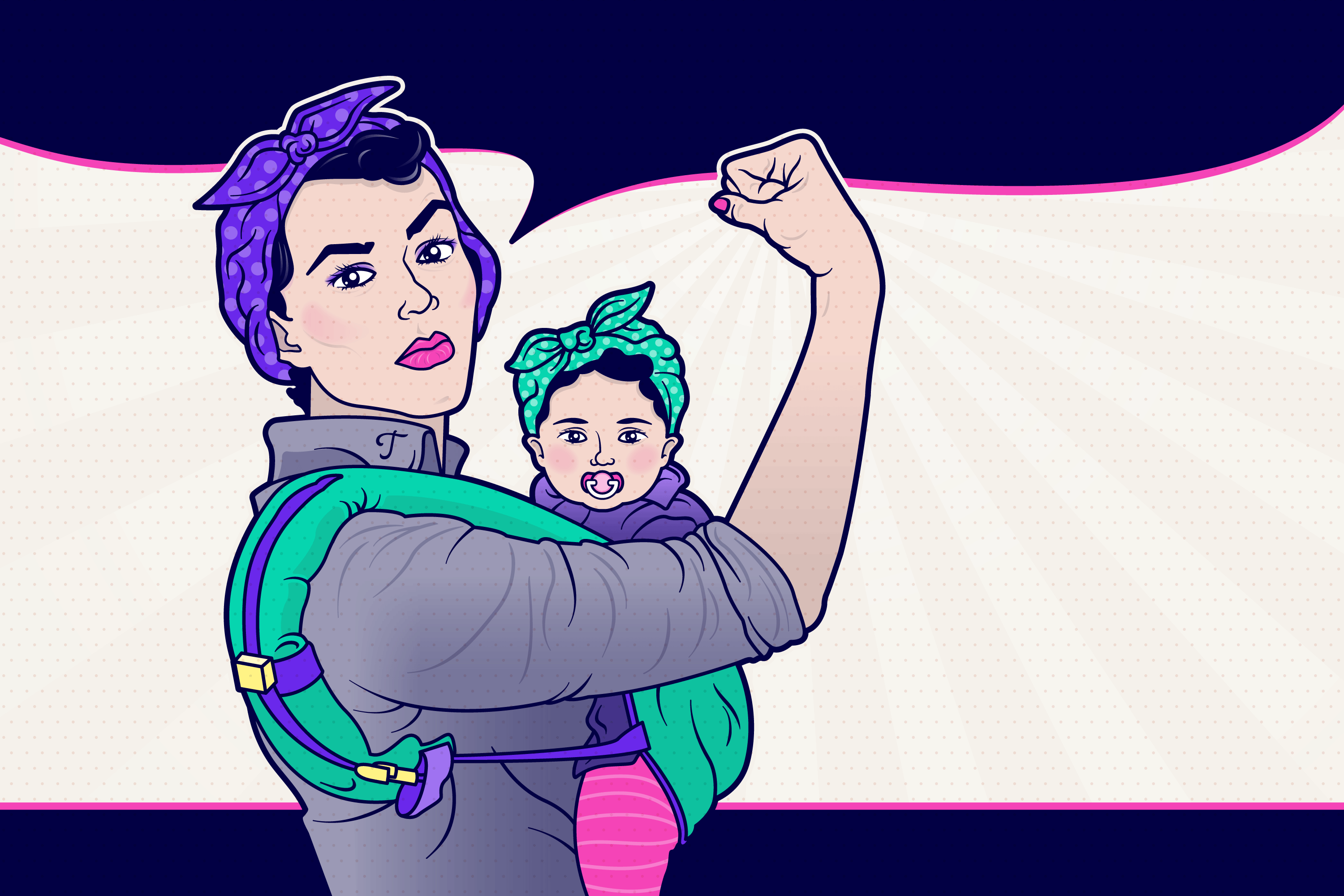 Graphic of Rosie the Riveter with a baby strapped to her chest.