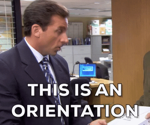 A man in an office saying, "This is an orientation, not a borientation."