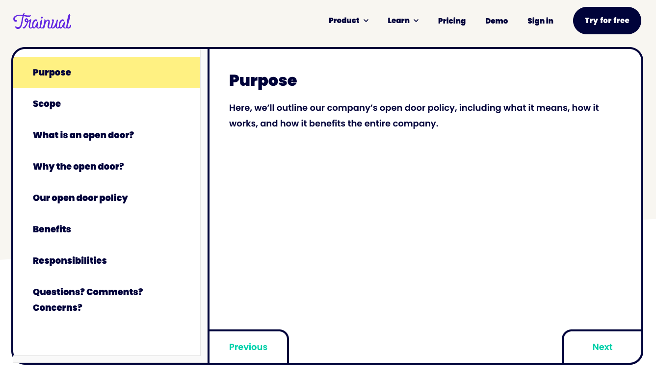 Screenshot of a template for "Open Door Policy."