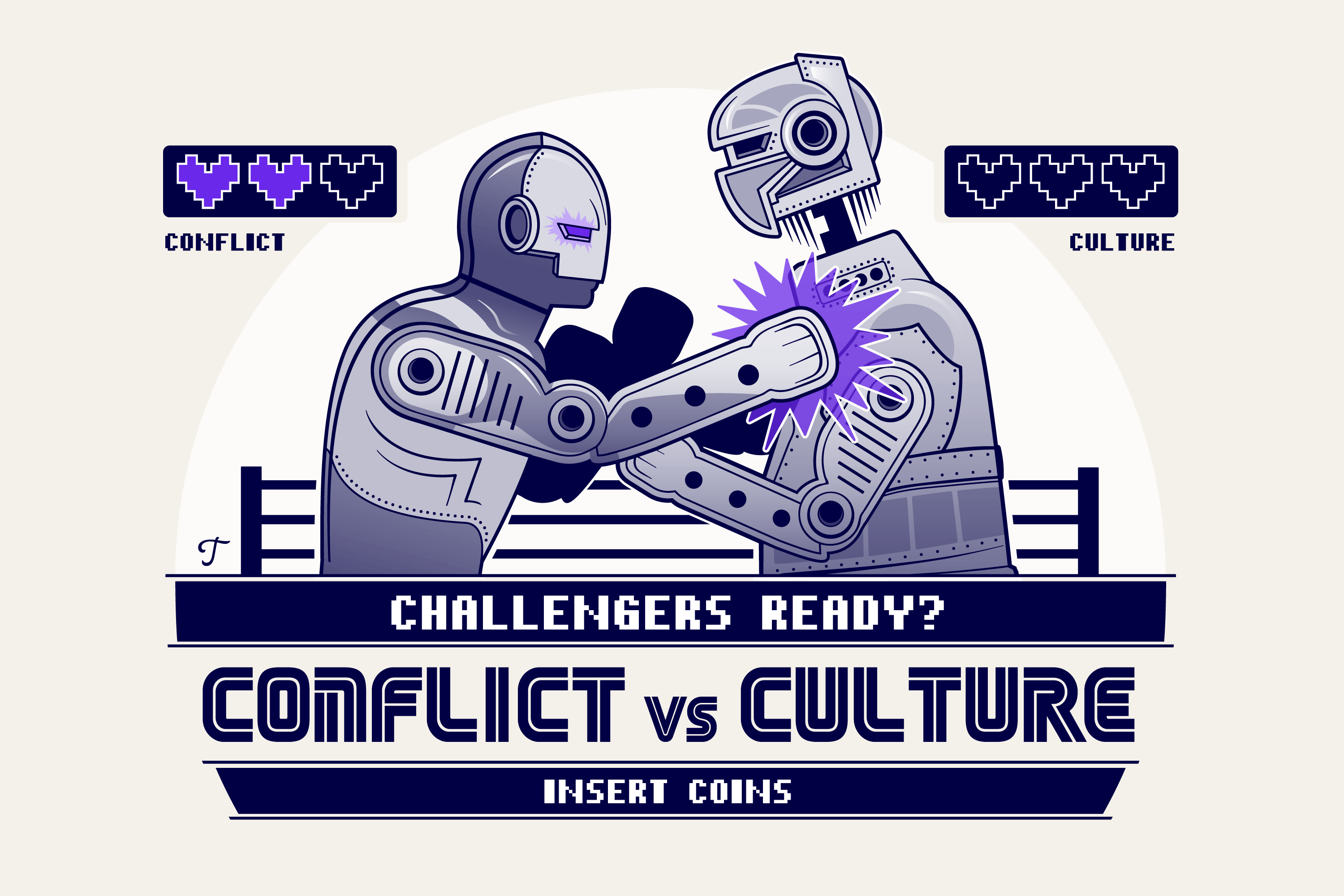 Two robots labeled "Conflict" and "Culture" fighting in a boxing ring.