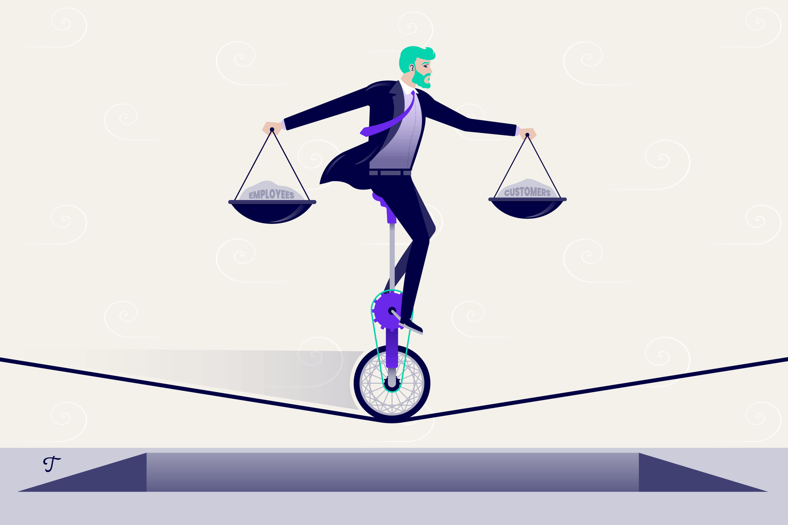 A man riding a unicycle across a tightrope, balancing two weights labeled "employees" and "customers."