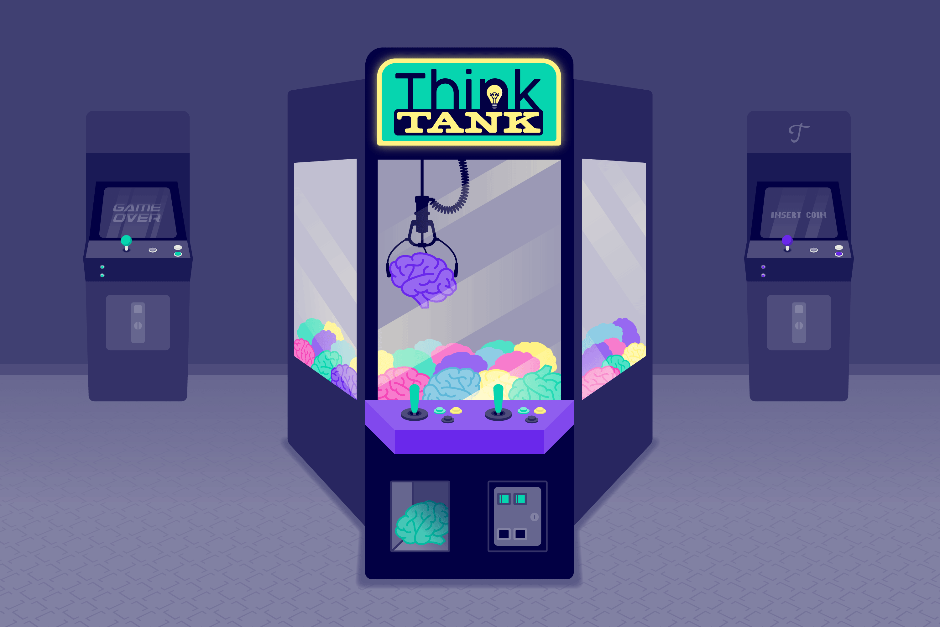 A claw machine, full of colorful brains, called "Think Tank."