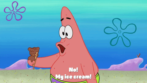 A cartoon starfish yelling, "No! My ice cream! Oh, why is the world so full of pain?"