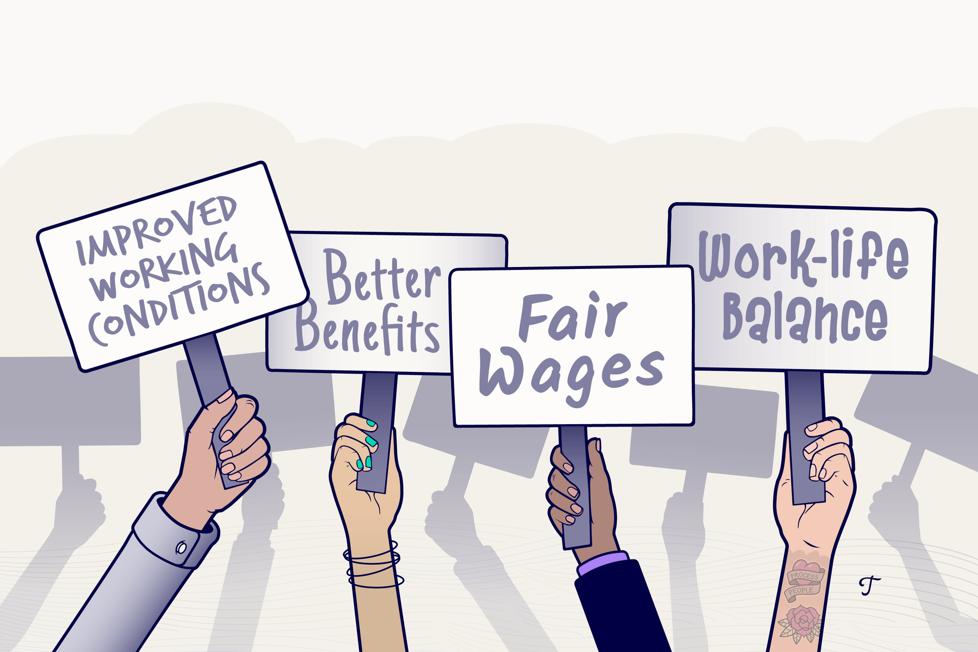 Hands holding up signs that say "Improved working conditions," "better benefits," "fair wages," and "work-life balance."