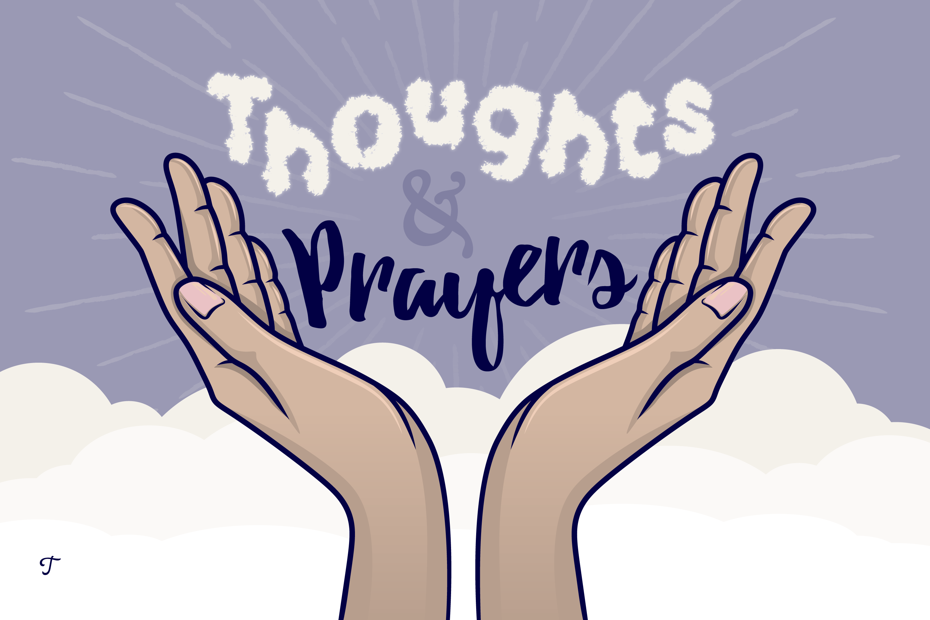 Graphic of raised hands with the words "Thoughts & Prayers."
