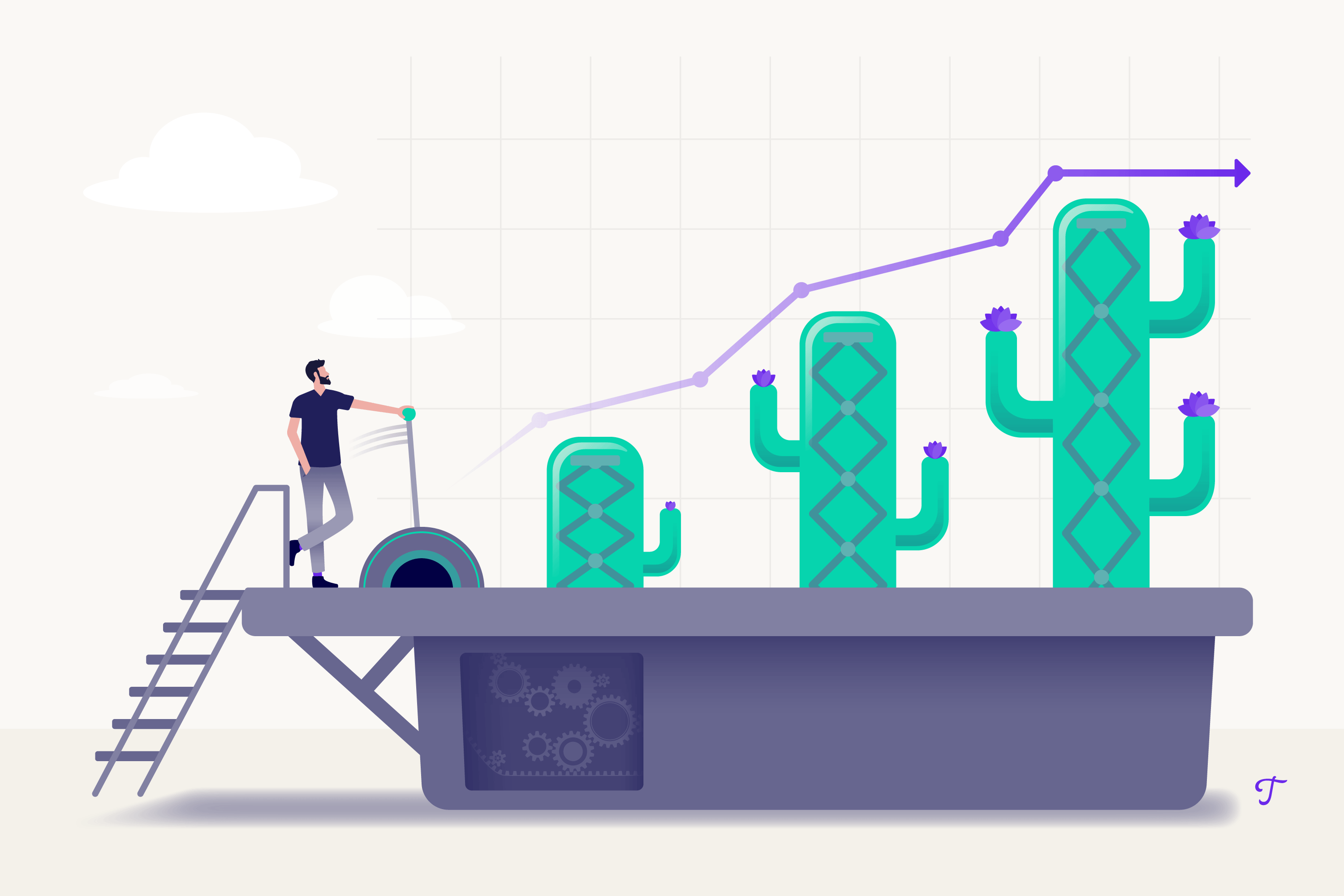 A man with a lever controlling a rising graph, superimposed over cacti.