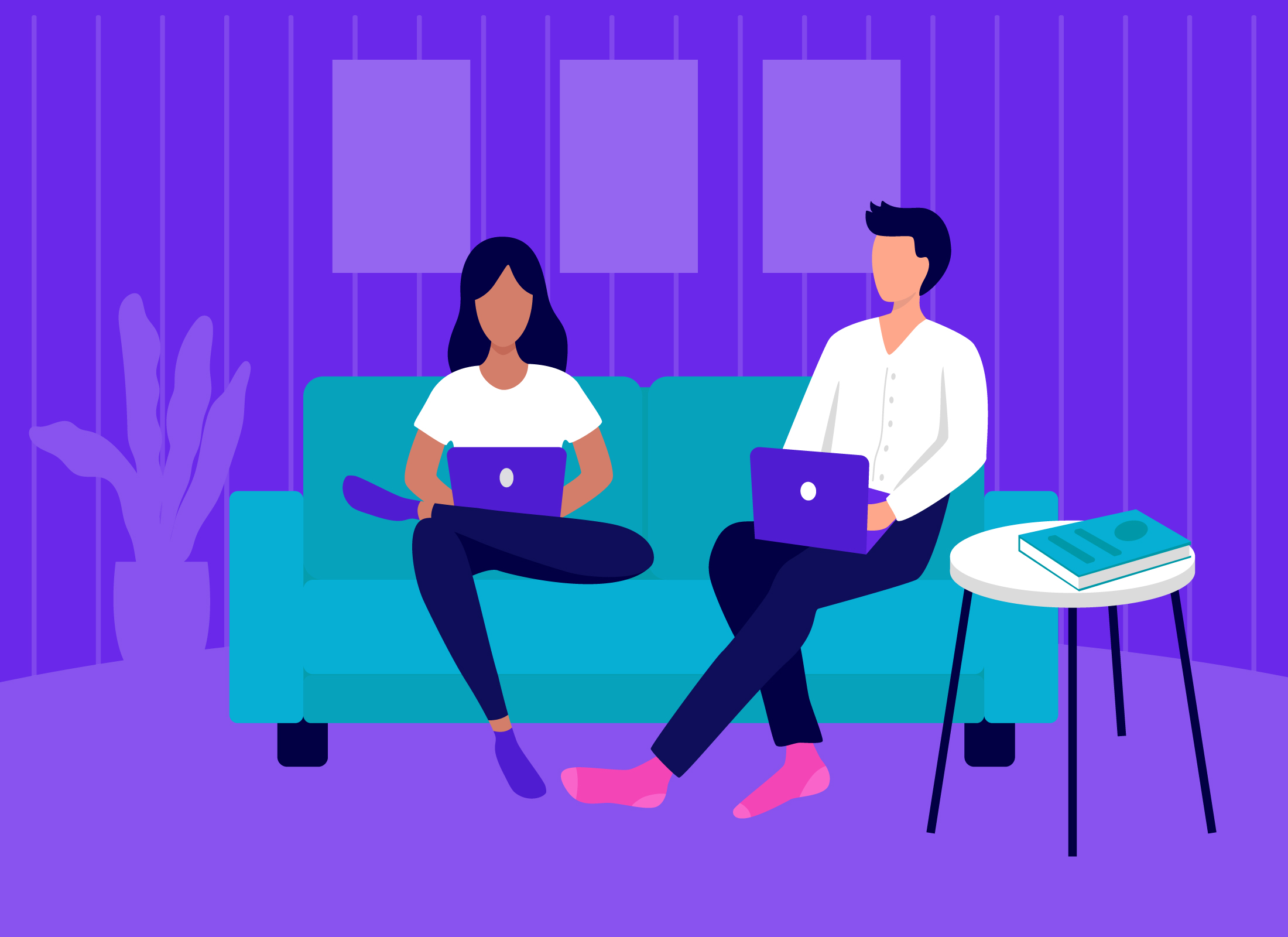 Graphic: One woman and one man sit on a couch together, working on laptops.