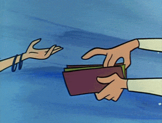 A woman's hand grabbing a full wallet after being offered a single dollar.
