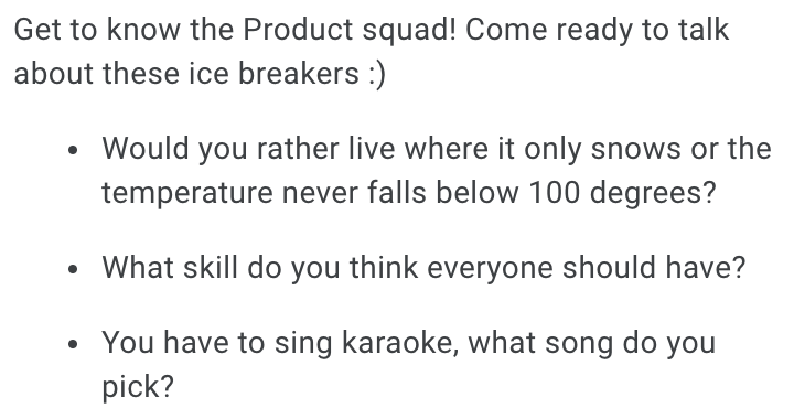 Some sample ice breaker questions we ask new Trainual team members. 