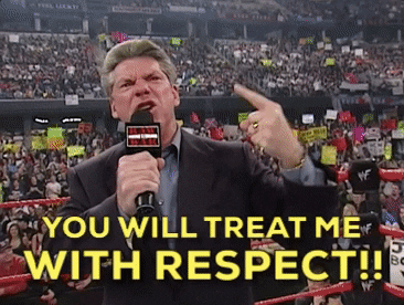 A man in a wrestling ring yelling, "You will treat me with respect!"