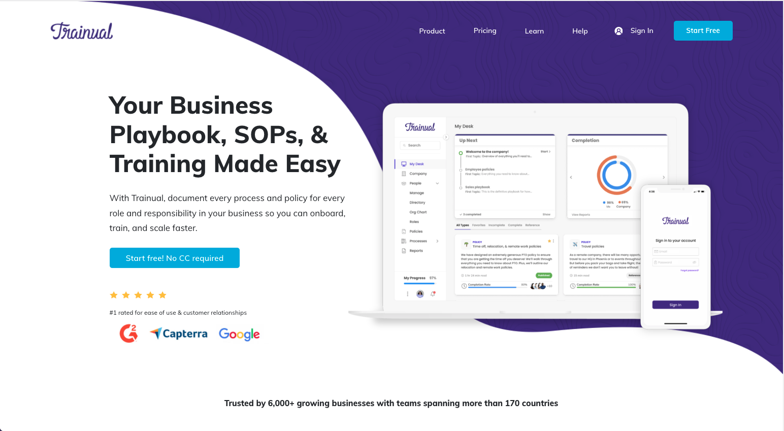 Website homepage, with a laptop screen, dark purple ackground, and text saying "Your Business Playbook, SOPs, & Training made easy"